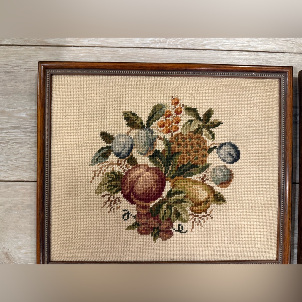 Vintage crewel framed fruit.  Granny chic.  Fall. Needlepoint.  Fall. Kitchen